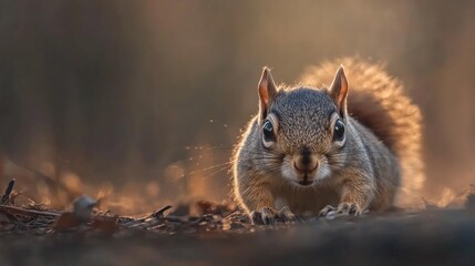 Obraz premium A squirrel is standing on the ground, looking at the camera. The image has a calm and peaceful mood, as the squirrel appears to be enjoying its surroundings