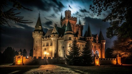 An illuminated medieval castle stands tall under a dark cloudy sky.