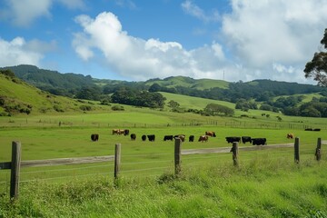 Cattle grazing on a lush green pasture in a rural landscape under blue skies