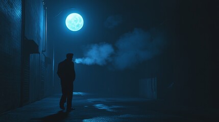 A dark empty street, dark blue background, an empty dark scene, neon light, smoky studio with spotlights, full moon and a man walking smoking a cigarette 