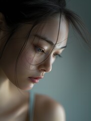 woman sad look face young korean freckles delicate crying oriental visual