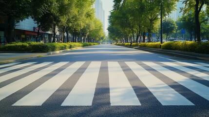 Wide urban crosswalk in a tree-lined street during daylight