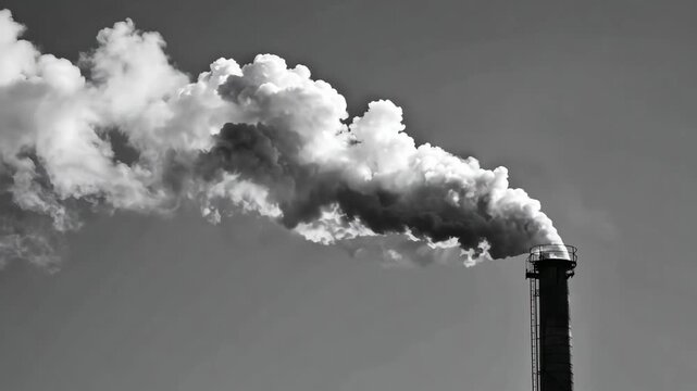 Thick clouds of smoke billow from a towering chimney, painting a stark contrast against the serene summer sky