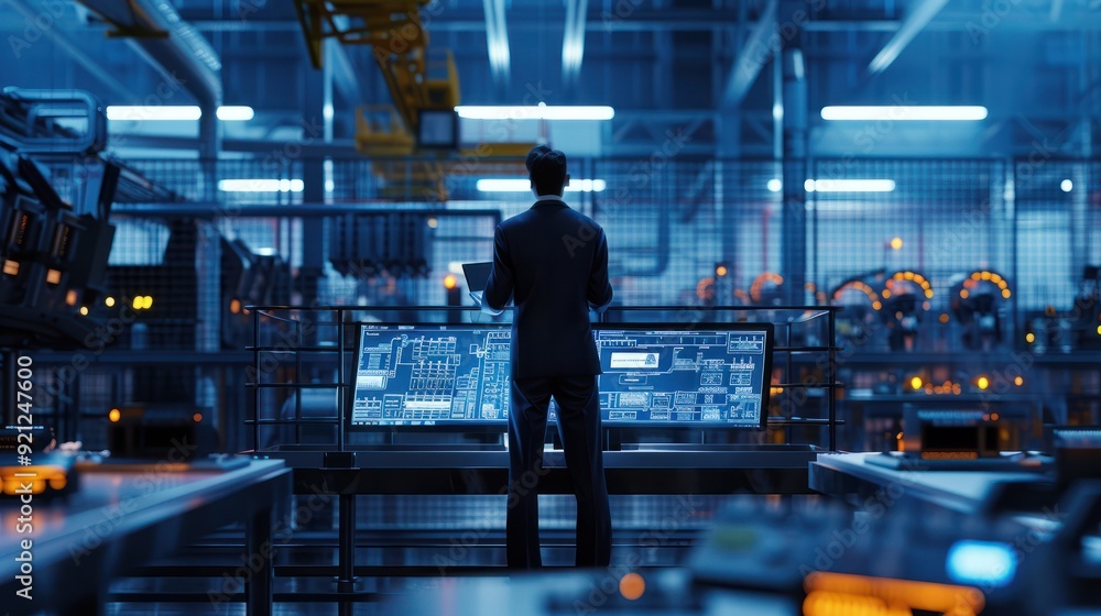 Poster the factory manager is standing on a platform, using a laptop computer and overseeing production at 