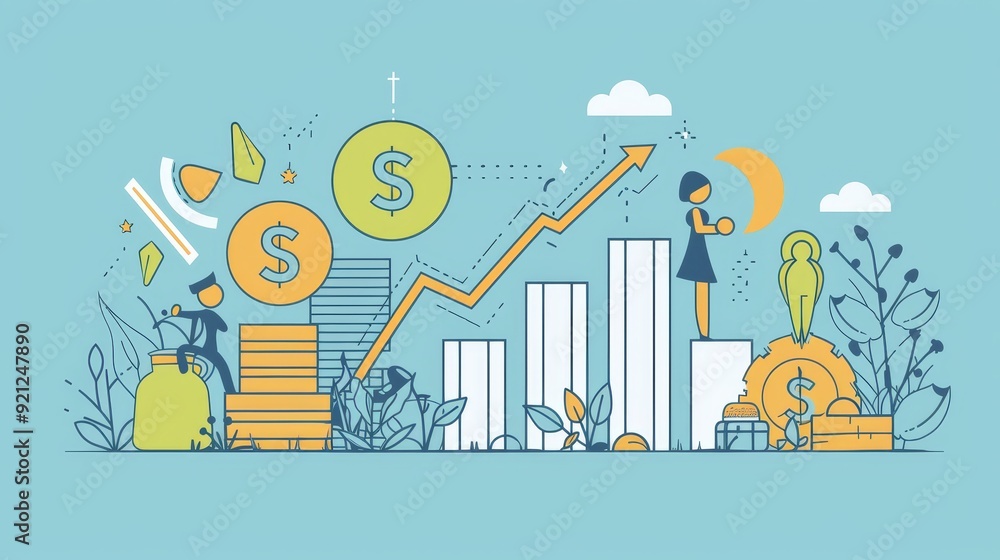 Poster This illustration depicts a financial growth chart, symbolizing success, strategy, collaboration, achievement, and wealth.