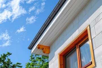 Fototapeta premium Eaves Installation on House Exterior with Wooden Finish, Construction and Home Improvement Concept
