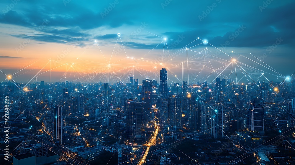 Poster futuristic cityscape with ai-managed public services and augmented reality enhancements