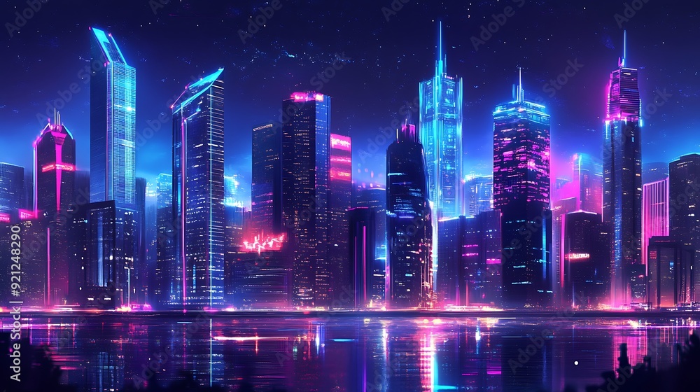 Poster futuristic cityscape with ai-managed public services and augmented reality enhancements