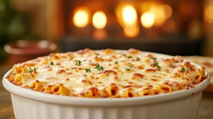 A white dish with a lot of cheese and pasta. The dish is in a kitchen with a fireplace