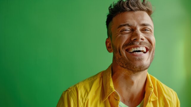 Ultra handsome man, smiling and laughing, wearing bright clothes. Bright solid green background. created by generative AI technology.