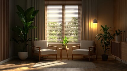 Fototapeta premium A living room with two white chairs, a potted plant, and a window. The room is well lit and has a cozy, inviting atmosphere