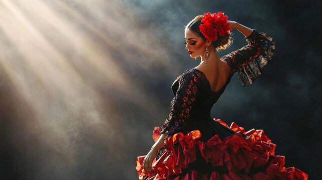 Flamenco dancer on stage. Stage lights, long dress, beautiful woman	