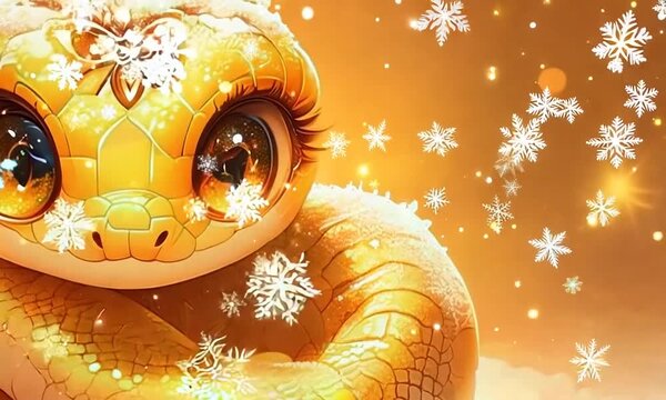 2025 yellow snake with a flower on its head is sitting on a snowy ground. The snake is surrounded by snowflakes, which give the image a wintery and magical feel