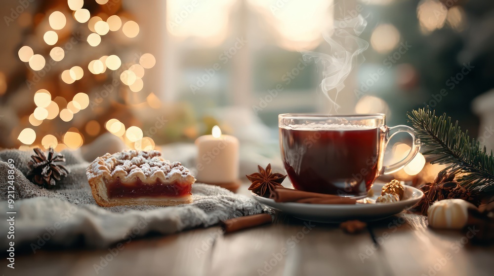 Poster a plate of pie sits on a table next to a cup of tea. the pie is covered in powdered sugar and the te