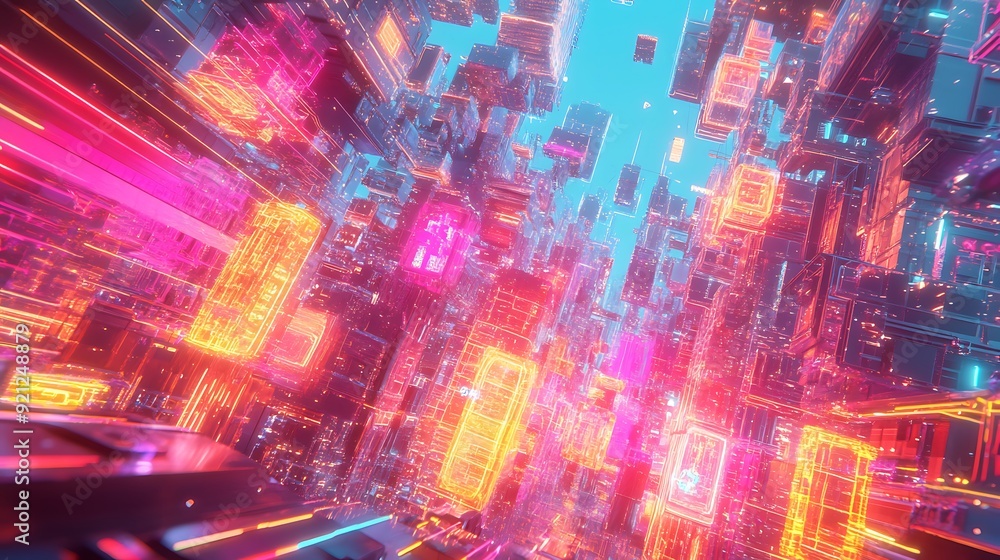 Poster futuristic cityscape with ai-managed public services and augmented reality enhancements