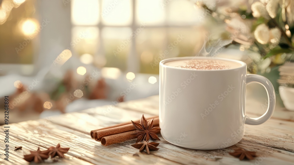 Aufkleber a white coffee mug with cinnamon sticks and a sprig of mint on a wooden table. the image conveys a c