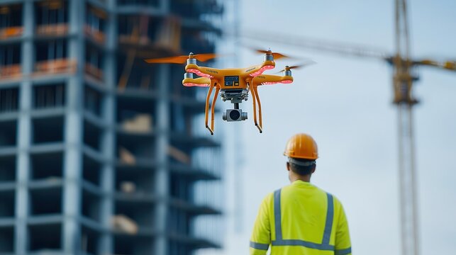 AI-integrated construction drones, site surveying, modern architecture