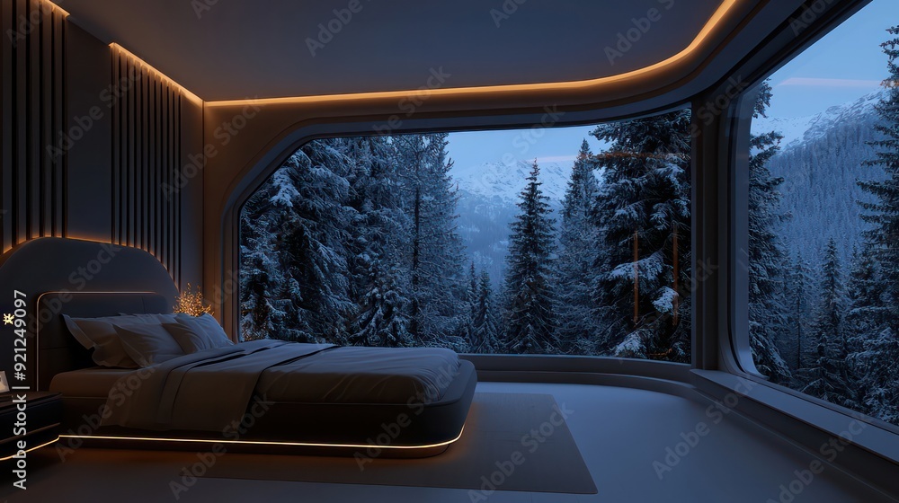 Poster a bedroom with a large window overlooking a snowy forest. the room is dimly lit, creating a cozy and