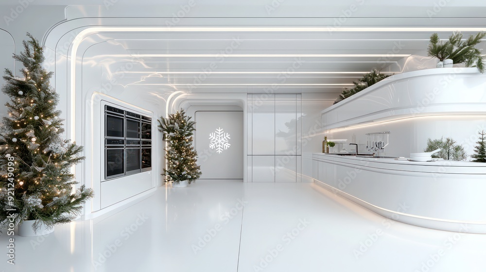 Aufkleber a white room with a snowflake on the wall and a christmas tree in the corner. the room is empty and 