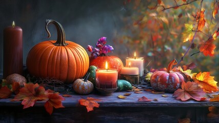 autumn still life, A beautiful autumn still life arrangement featuring pumpkins, gourds, colorful leaves autumn ,candles