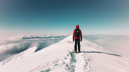 Solo Hiker Exploring Snowy Landscape on a Clear Day