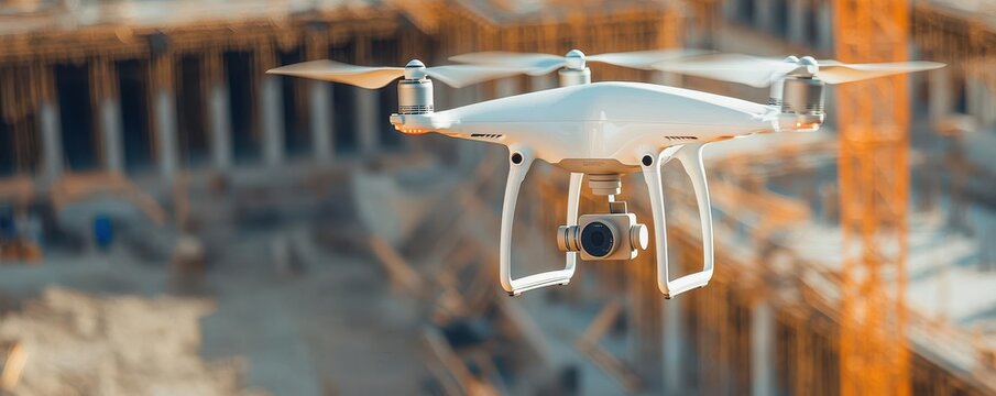 AI-assisted construction site, drones scanning structures, urban technology