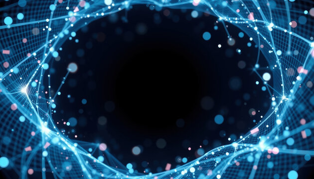 Futuristic Blue and White Light Network Forming Circular Frame on Dark Background - Abstract Digital Design Representing Data Flow, Communication, and Technology Concepts