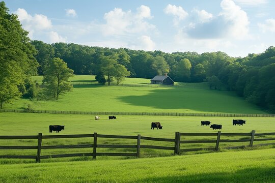 Cows grazing in a lush green field with a rustic barn under a sunny blue sky