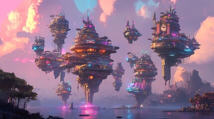 Fototapeta premium Futuristic cityscape with AI-managed public services and augmented reality enhancements