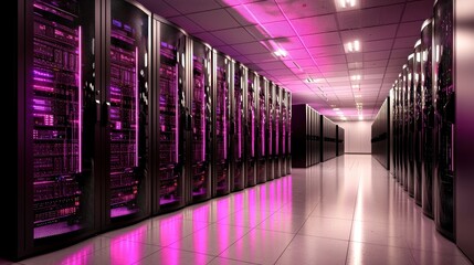 Futuristic server room with vibrant pink lighting, showcasing rows of sleek data storage machines in a modern digital environment.