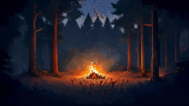 Pixel art video of a campfire in a dense forest at night, retro atmosphere