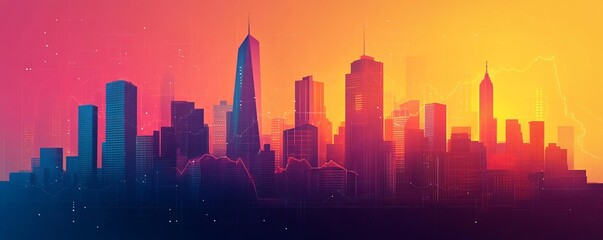 Fototapeta premium City horizon flat design side view falling stock prices theme cartoon drawing Triadic Color Scheme