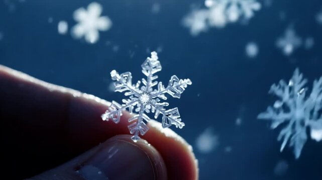 Close-up of a unique snowflake resting on a fingertip, showcasing its intricate details against a wintry background.