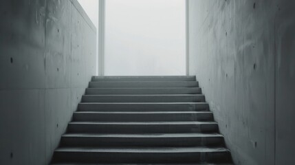 Modern Concrete Staircase With Large Window Overlooking Foggy Landscape
