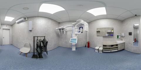 full hdri 360 panorama in x-ray room in modern dental clinic with equipment in office in equirectangular projection, VR content