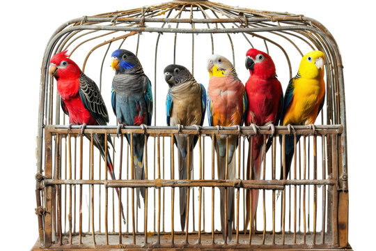 Beautiful Species of Australian Parrots in Cage Isolated on Transparent Background.