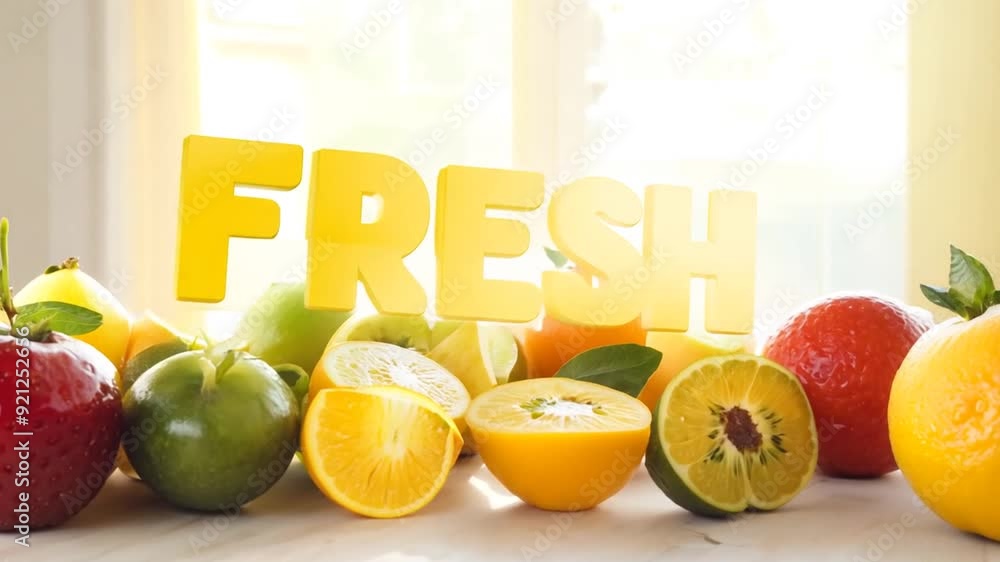 Poster fresh text with fresh fruits arranged with a bold display in natural light generative ai
