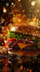 cheese tomato lettuce bun overlay flames imagery professional golden embers flying shows large splash screen burger mouth room fire listing well