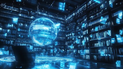 Obraz premium Futuristic library with holographic archives and AI-assisted learning