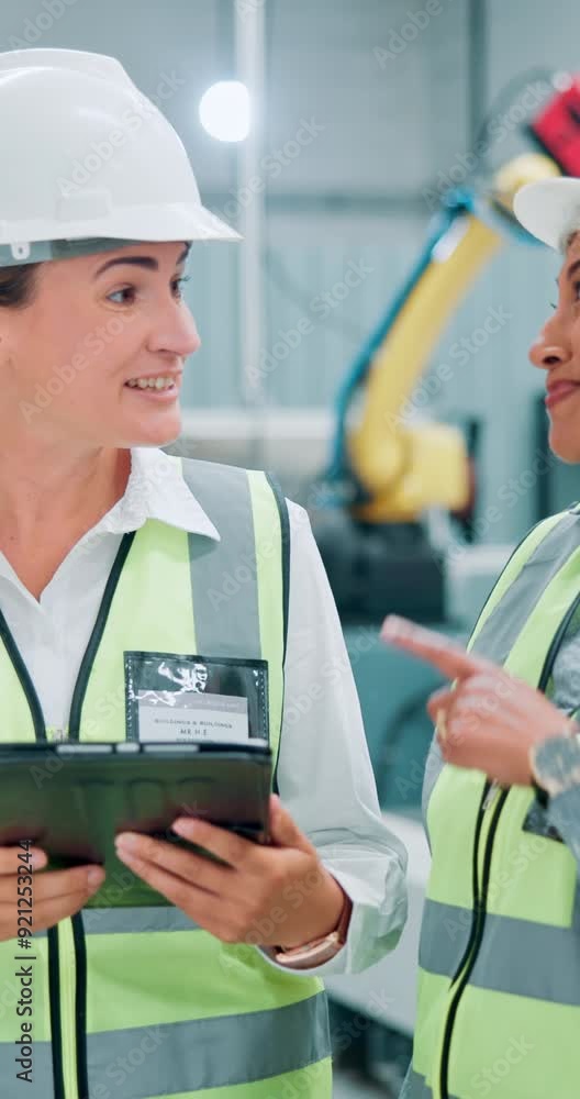 Poster Women, engineer and tablet for robotics at workshop of machine research, collaboration or automation safety. People, digital and talking for production process, technical guide and manufacturing site