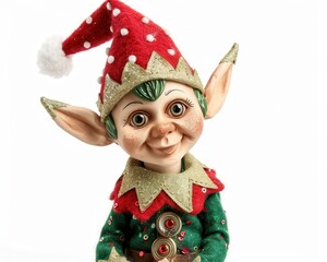 Elf in Green and Red Costume for Christmas Isolated on White Background