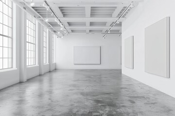 Fototapeta premium Empty Canvas Exhibition Hall in Modern Gallery Interior with Contemporary Design Elements