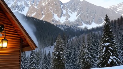 Cozy Cabin in Winter Landscape With Snowy Mountains at Sunset Generative AI