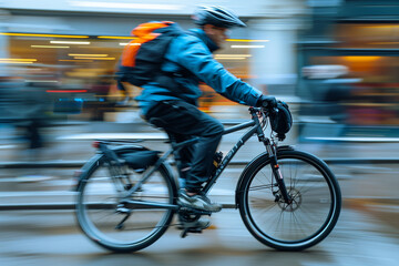 Cyclist riding through busy city streets with blurred background.