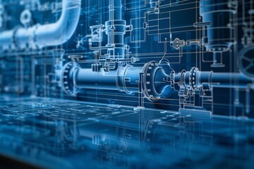 on blue paper, technical diagram of the steam station, d