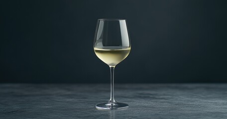 Stylish glass of white wine captured on dark backdrop.