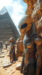 Aliens Overseeing the Construction of the Egyptian Pyramids in a Sci-Fi Landscape
