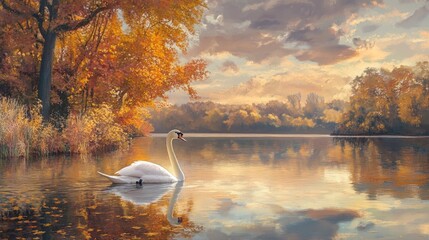 A calm lake mirrors the golden shades of autumn leaves beneath pastel skies, as a swan moves gracefully across.