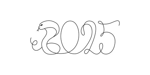 Decoration continuous line hand drawing sign for 2025 year calendar, presentation, poster. Vector stock illustration minimalism design isolated on white background. Editable stroke single line. 
