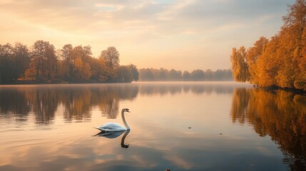 A calm lake reflecting golden autumn leaves under a pastel sky, with a lone swan gracefully gliding across the water.